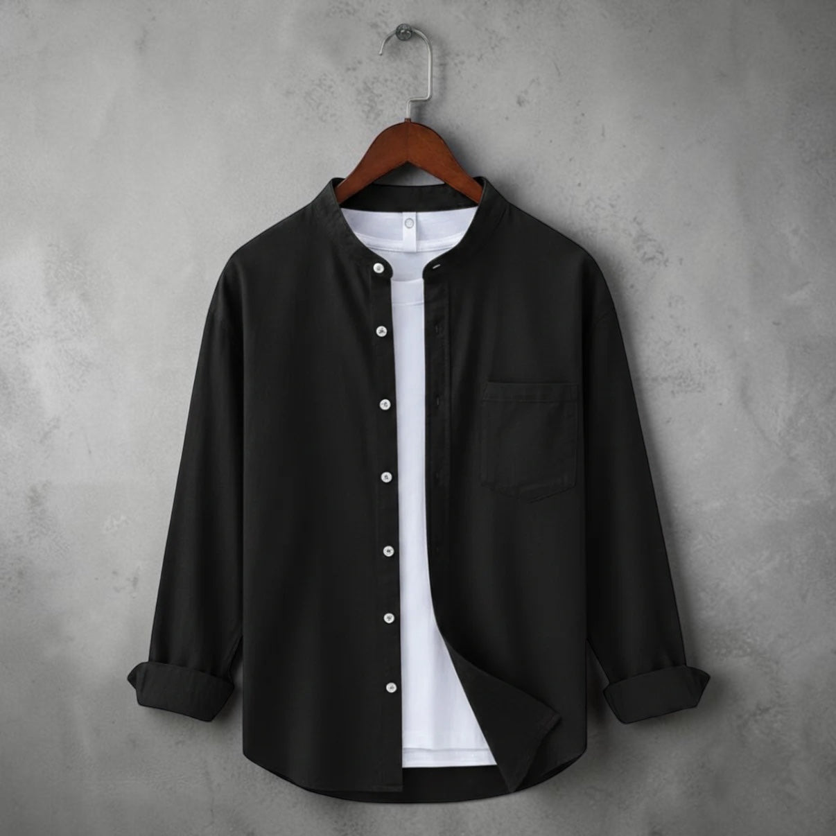 Bend collar full sleeve casual shirt - Black