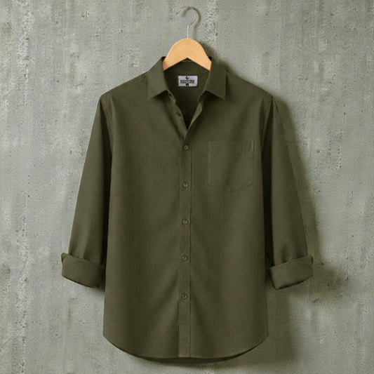 Fine Cotton Long Sleeve Stripe Shirt - Olive