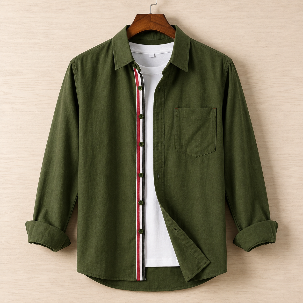 Contrast Placket Full Sleeve Shirt - Olive