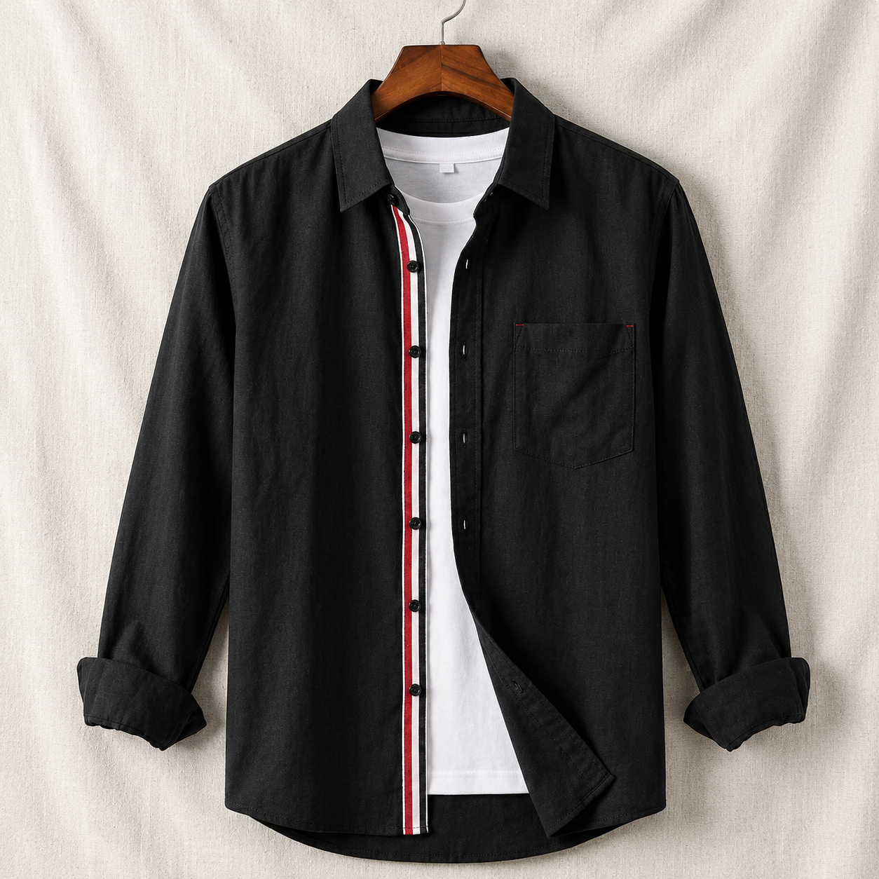 Contrast Placket Full Sleeve Shirt - Black