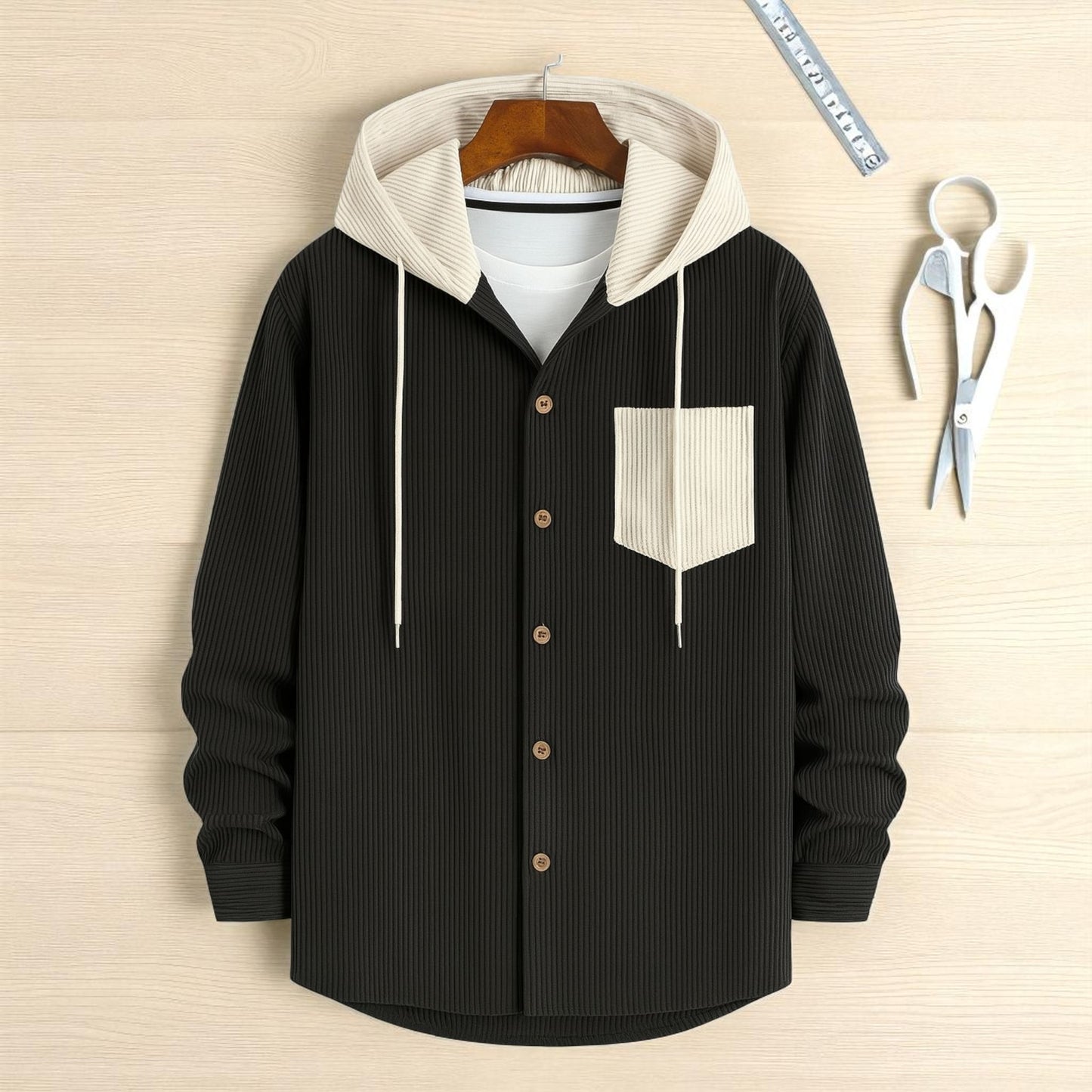 Men's Jackets Corduroy Hooded Shirt - Black