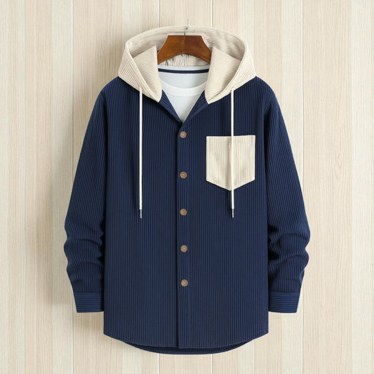 Men's Jackets Corduroy Hooded Shirt - Navy Blue