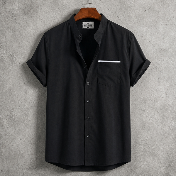 Bend Collar Stripe Pocket Shirt - Black
