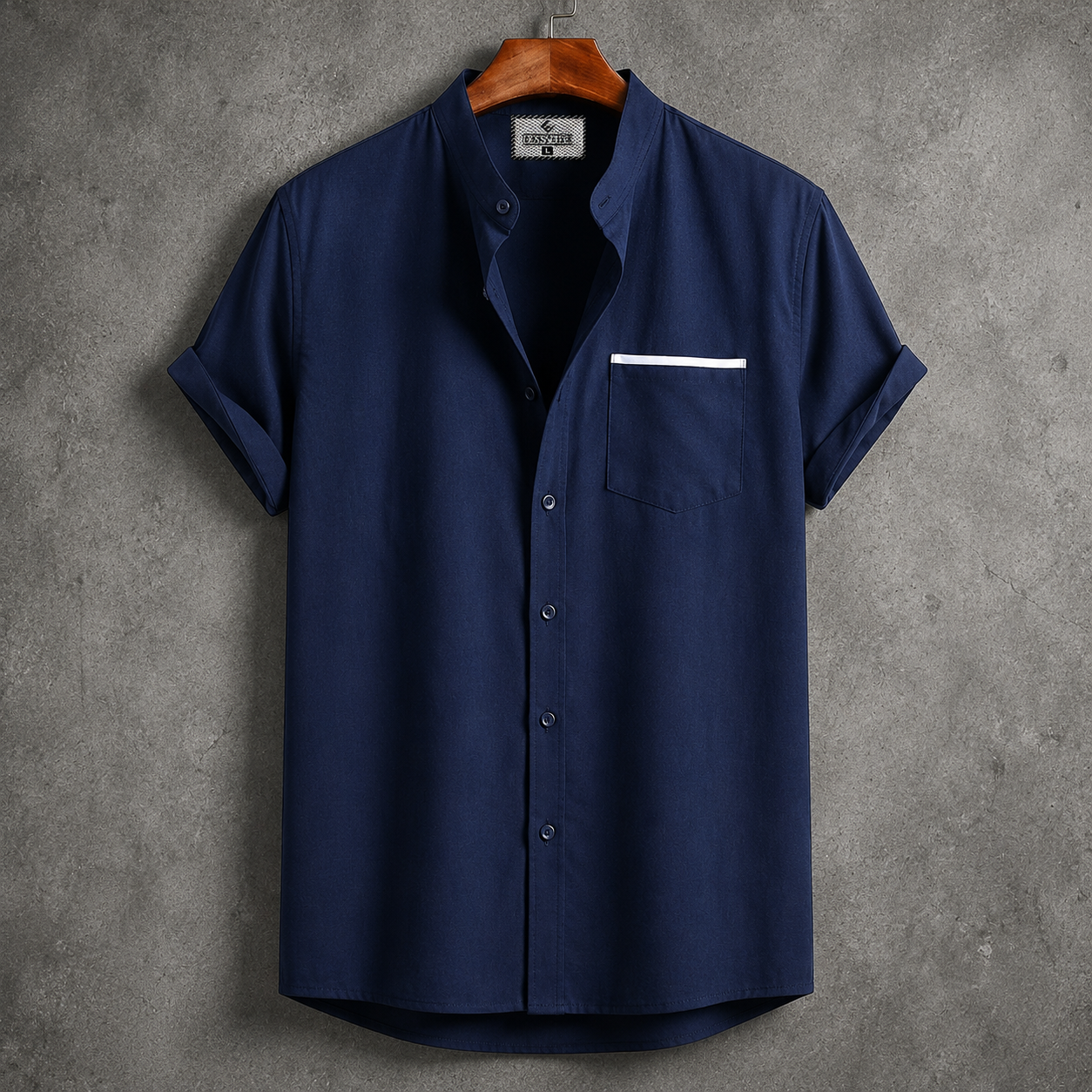 Bend Collar Stripe Pocket Shirt - Navy Blue