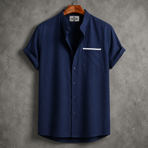 Bend Collar Stripe Pocket Shirt - Navy Blue